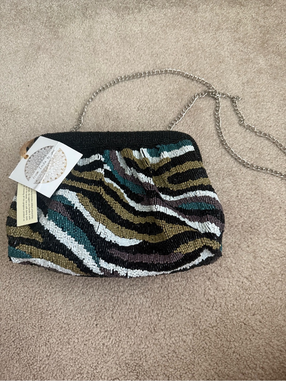 Beaded Zebra-Print Crossbody Bag in Black, tan & Teal